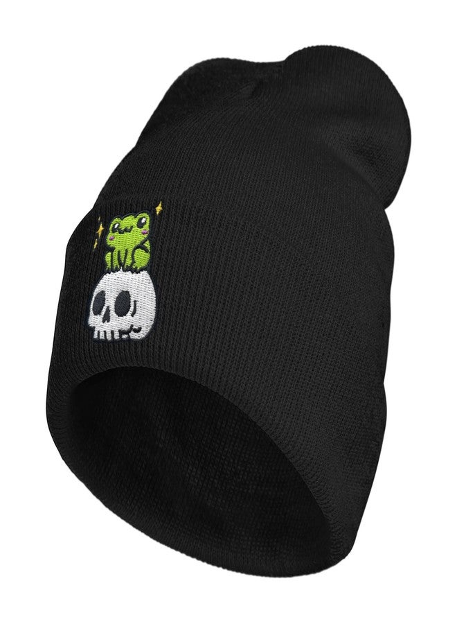 AIMASTZ Cute Frog Skeleton Embroidered Beanie Knit Hat for Men Women, Halloween Goth Graphic Winter Black Skull Cap - Image 2